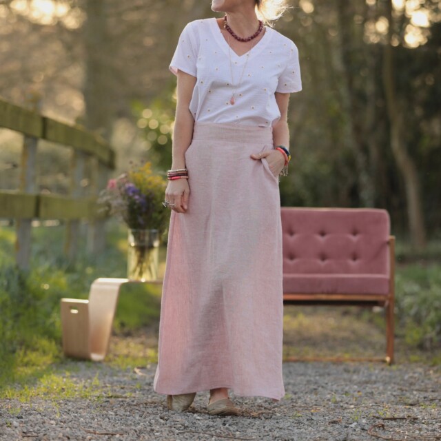 Quintessence - Jupe longue Maya - lin chiné rose doux