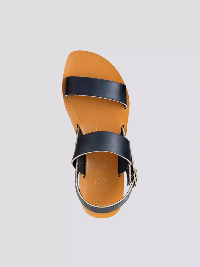 MAX VINCENT - SANDALES DOUBLE BRIDE ALEXIA cuir tannage vegetal noir Femme