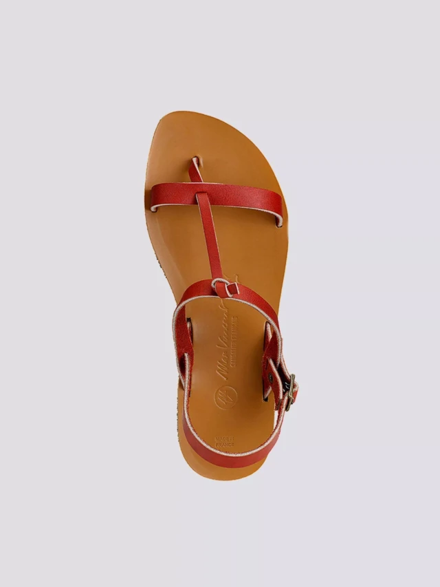 MAX VINCENT - SANDALES DOUBLE BRIDE BANDOL cuir tannage vegetal rouge Femme