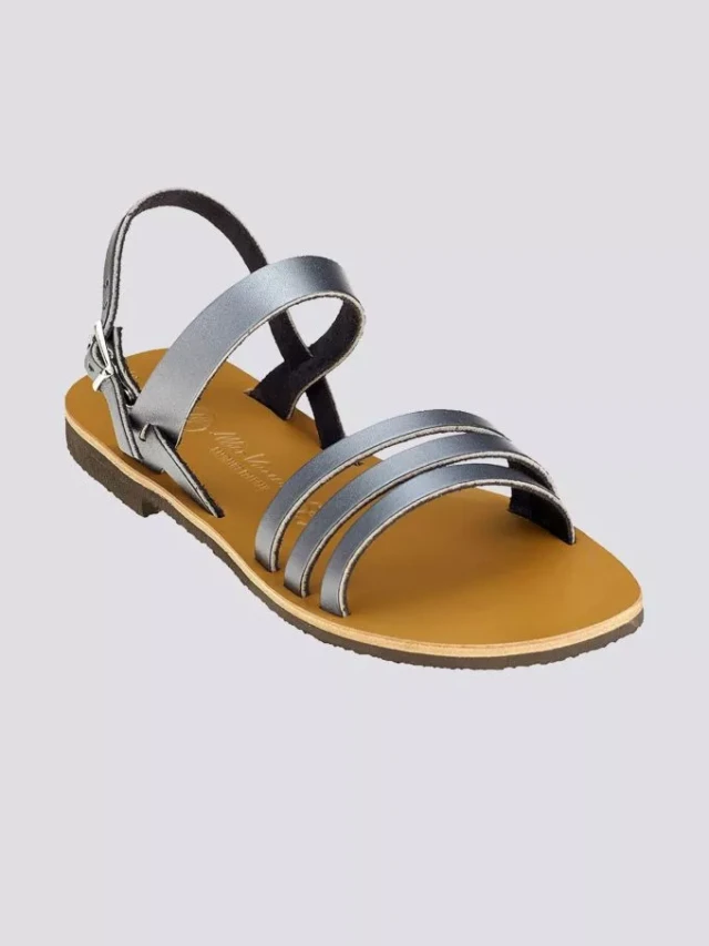 Max Vincent - Sandales double bride flora cuir métallisé bleu acier femme