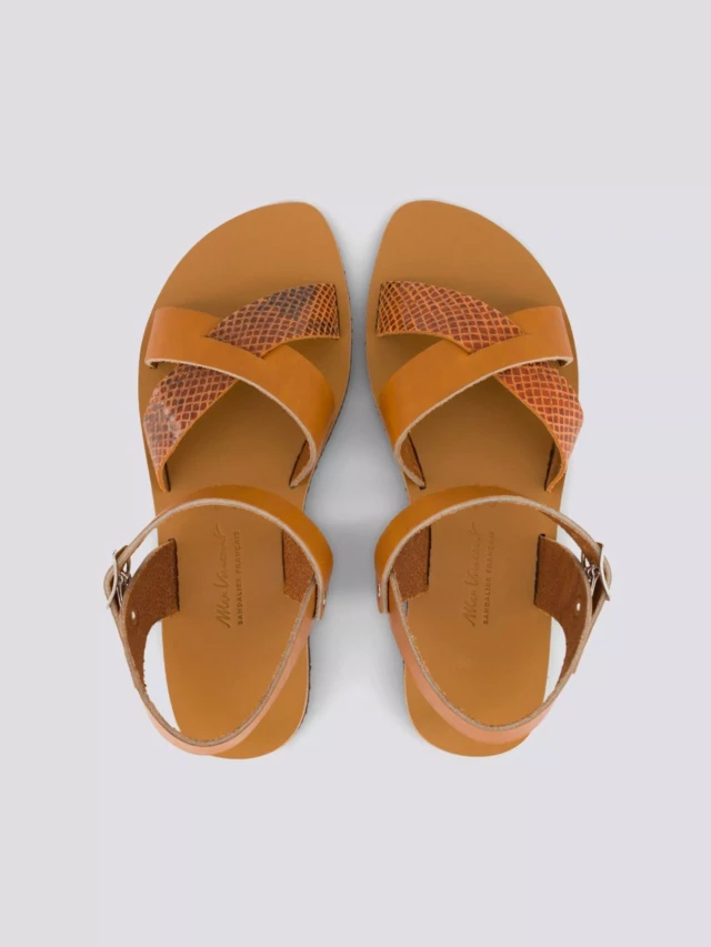 MAX VINCENT - SANDALES BRIDES CROISEES OCEANE cuir tannage vegetal naturel python Femme