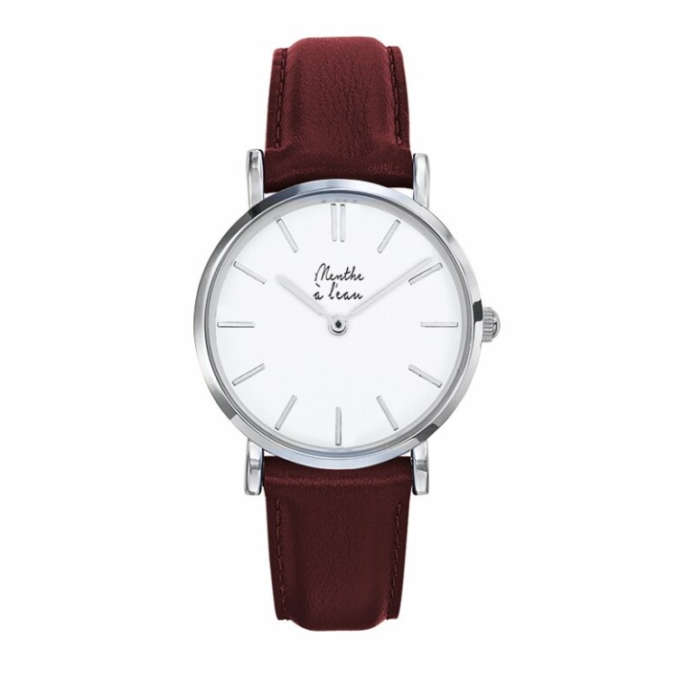 Menthe à l'eau - Montre Femme La Véritable bracelet cuir bordeaux fond blanc chromée