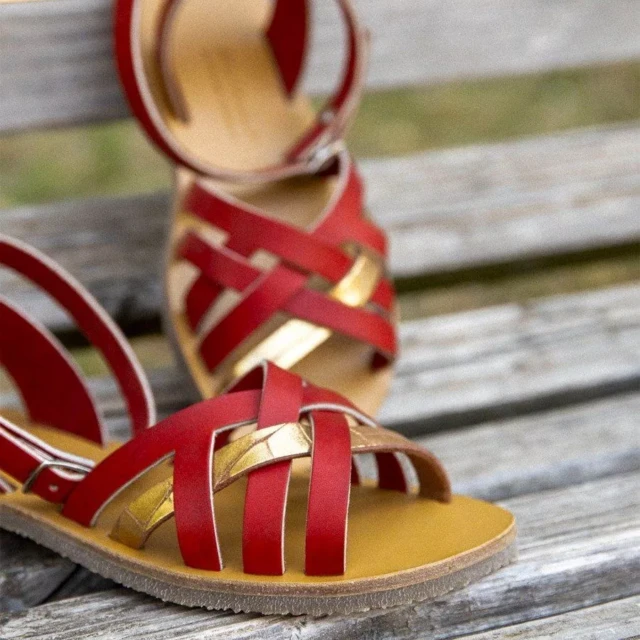 MAX VINCENT - SANDALES BRIDES CROISEES MURCIA ALBA cuir tannage vegetal rouge dore Femme