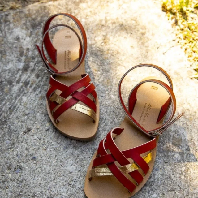 MAX VINCENT - SANDALES BRIDES CROISEES MURCIA ALBA cuir tannage vegetal rouge dore Femme