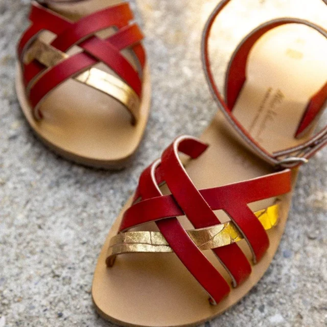 MAX VINCENT - SANDALES BRIDES CROISEES MURCIA ALBA cuir tannage vegetal rouge dore Femme