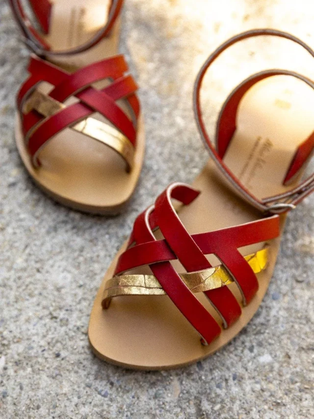 MAX VINCENT - SANDALES BRIDES CROISEES MURCIA ALBA cuir tannage vegetal rouge dore Femme