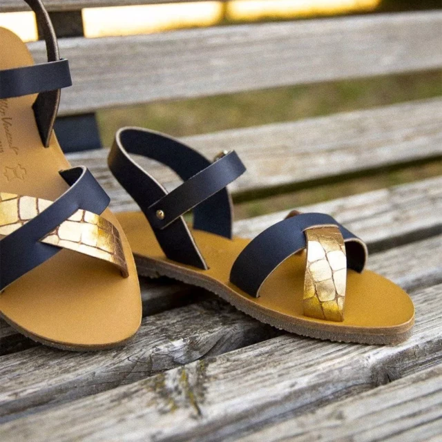 MAX VINCENT - SANDALES BRIDES CROISEES OCEANE NOCTURNA cuir tannage vegetal navy croco Femme