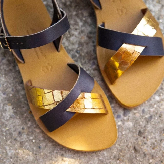 MAX VINCENT - SANDALES BRIDES CROISEES OCEANE NOCTURNA cuir tannage vegetal navy croco Femme