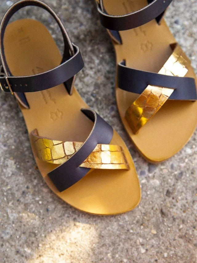 MAX VINCENT - SANDALES BRIDES CROISEES OCEANE NOCTURNA cuir tannage vegetal navy croco Femme