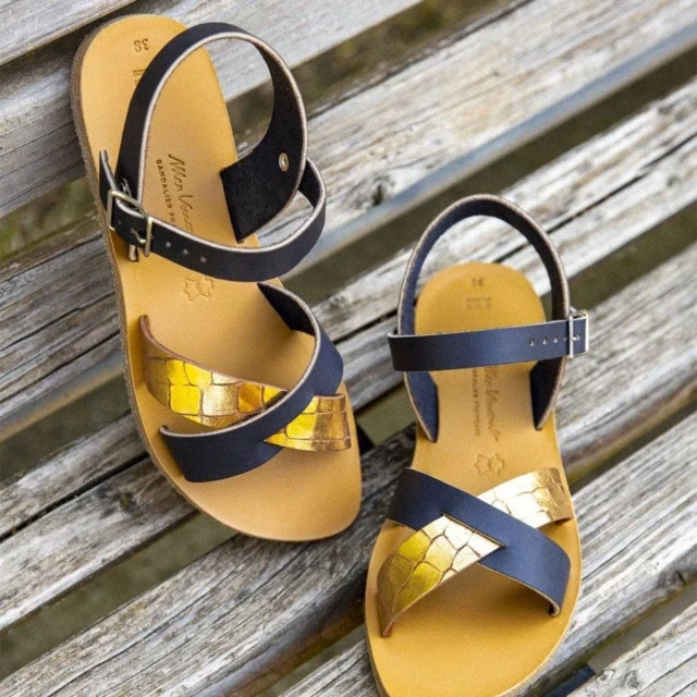 MAX VINCENT - SANDALES BRIDES CROISEES OCEANE NOCTURNA cuir tannage vegetal navy croco Femme