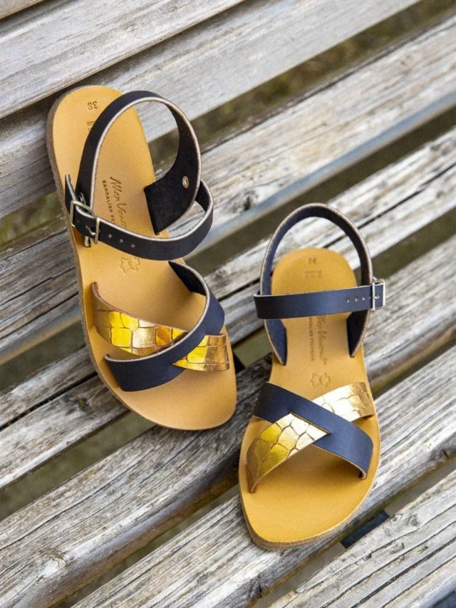 MAX VINCENT - SANDALES BRIDES CROISEES OCEANE NOCTURNA cuir tannage vegetal navy croco Femme