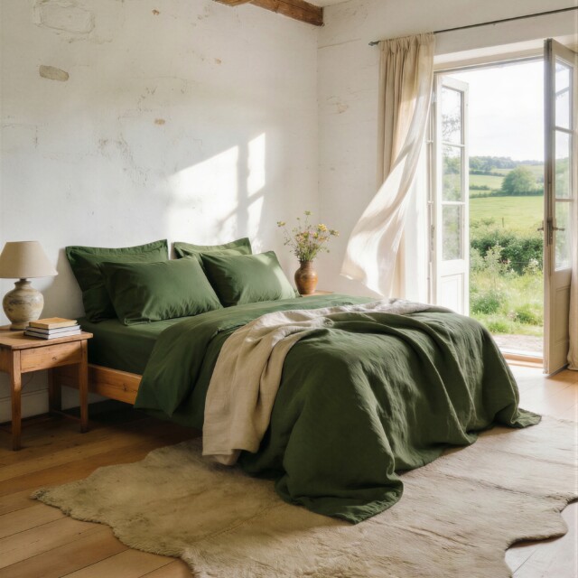 Dejorine - Taies d'oreiller X2 en Percale de coton - Vert sapin
