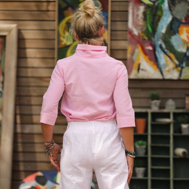 Quintessence - Blouse Catherine en seersucker de coton rose/blanc