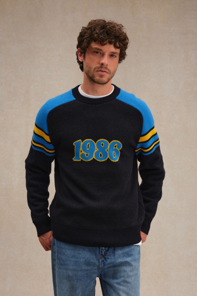 Le Minor - Pull 1986 bleu et jaune pour homme