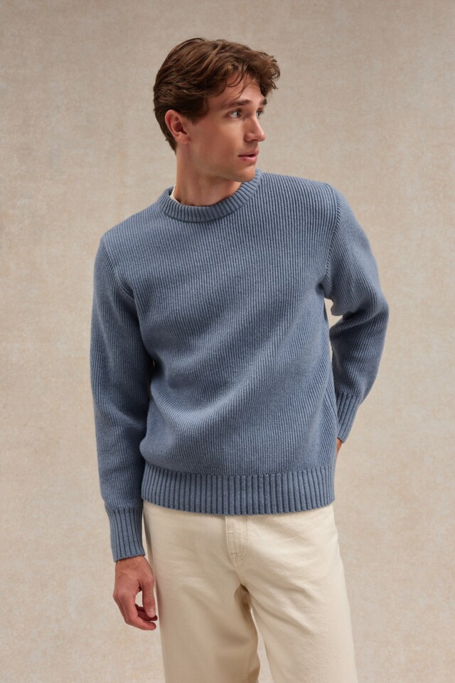 Le Minor - Pull homme col rond à côtes bleu orage