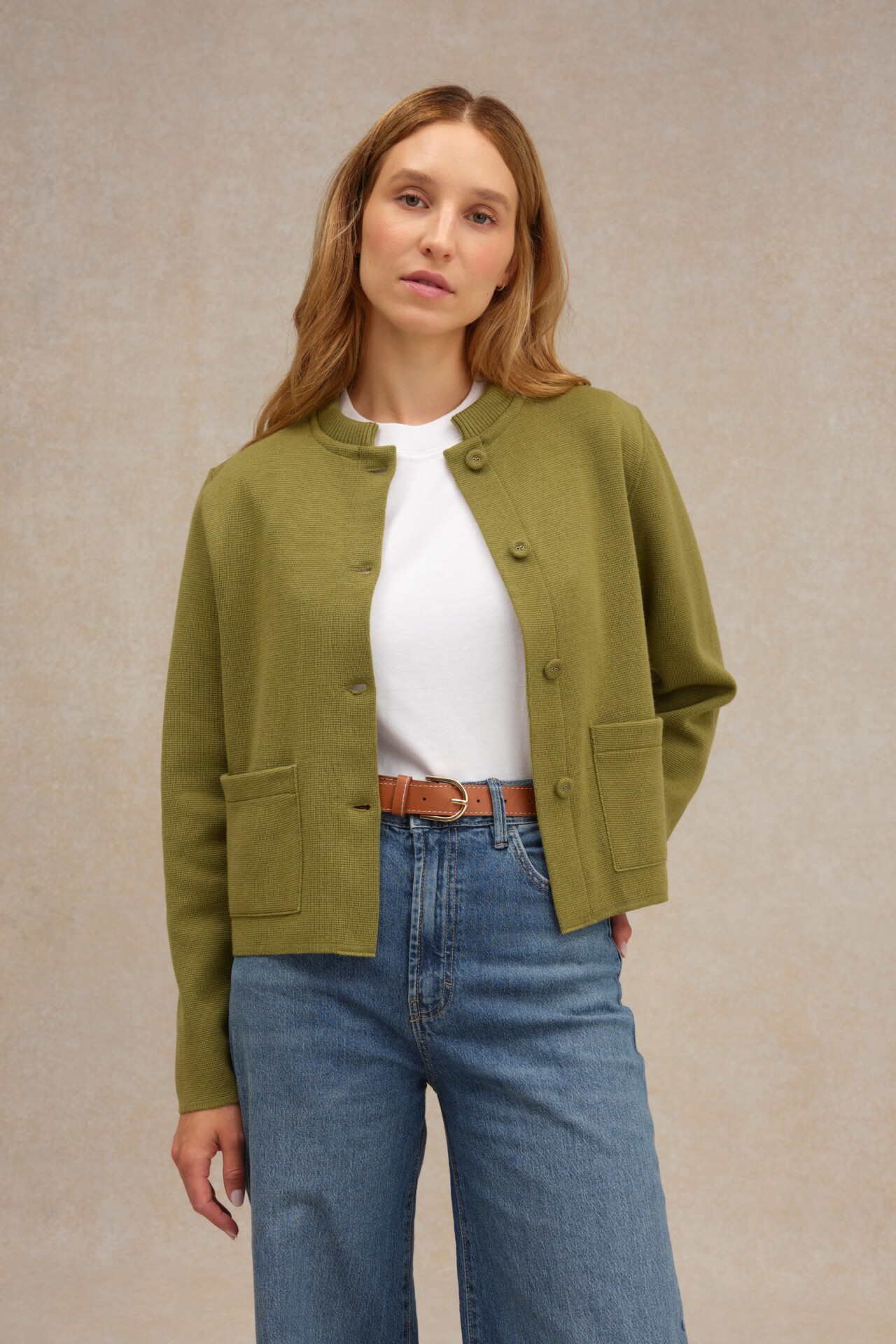 Le Minor - Veste à col Mao olive acide en maille Milano pour femme