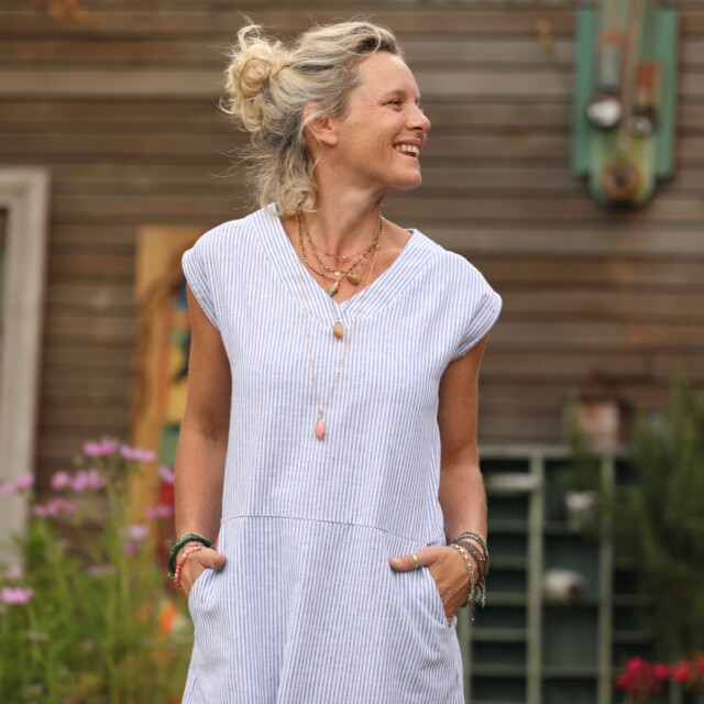 Quintessence - Robe Ivy - lin/coton rayé bleu