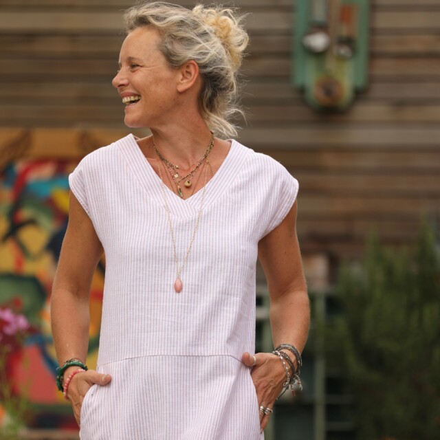 Quintessence - Robe Ivy - lin/coton rayé écureuil