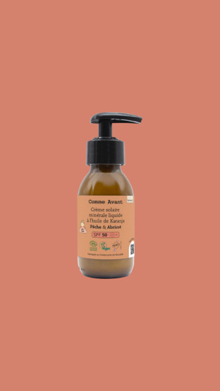 Comme Avant - Crème Solaire Liquide SPF50 Minérale Bio 90ml – Visage & Corps – Naturelle – Filtre Minéral – Pêche & Abricot