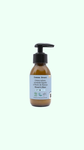 Comme Avant - Crème Solaire Liquide SPF50 Minérale Bio 90ml – Visage & Corps – Naturelle – Filtre Minéral – Monoï & Musc