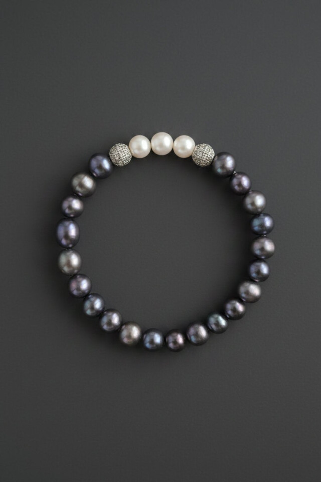 NEIJE - Bracelet Eclipse Perles d’eau douce noires et Or Blanc