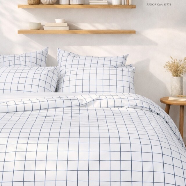 A demain - Parure en percale de coton biologique Le Carreau Bleu Paon - Housse de couette 260x240 cm + taies 50x75 cm