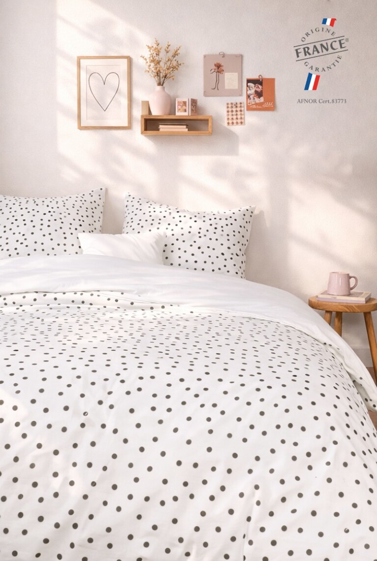 A demain - Parure en percale de coton biologique Le Pois Anthracite - Housse de couette 240x220 cm + taies 65x65 cm