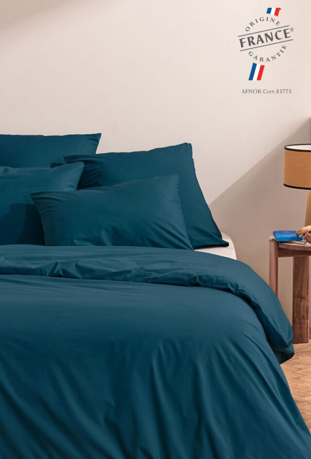 À Demain le linge français - Parure percale bio Paon – 240×220 cm + 65×65 cm (x2