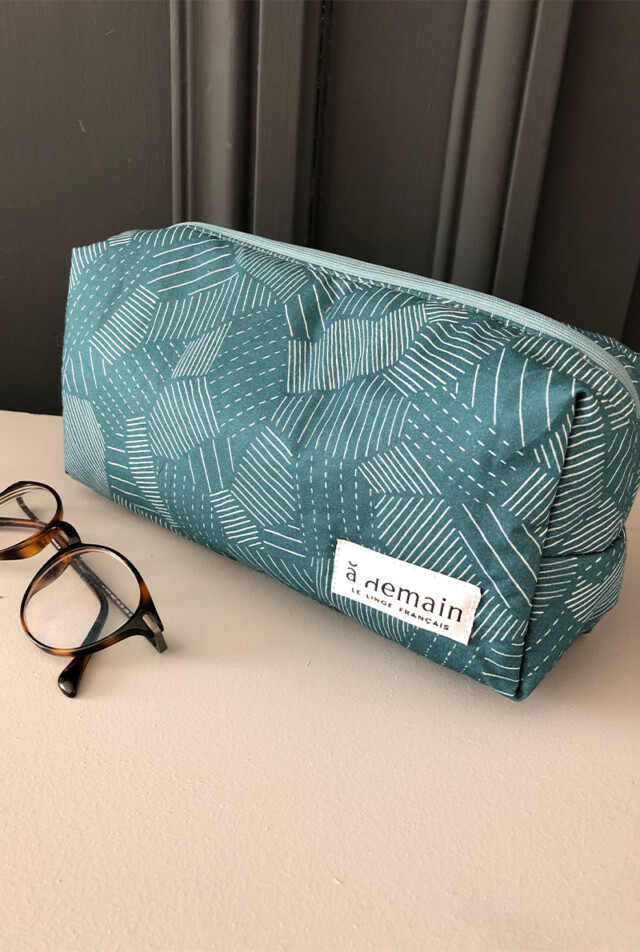 À Demain le linge français - Trousse de toilette en coton Parcelles émeraude Petit format 23×15 c