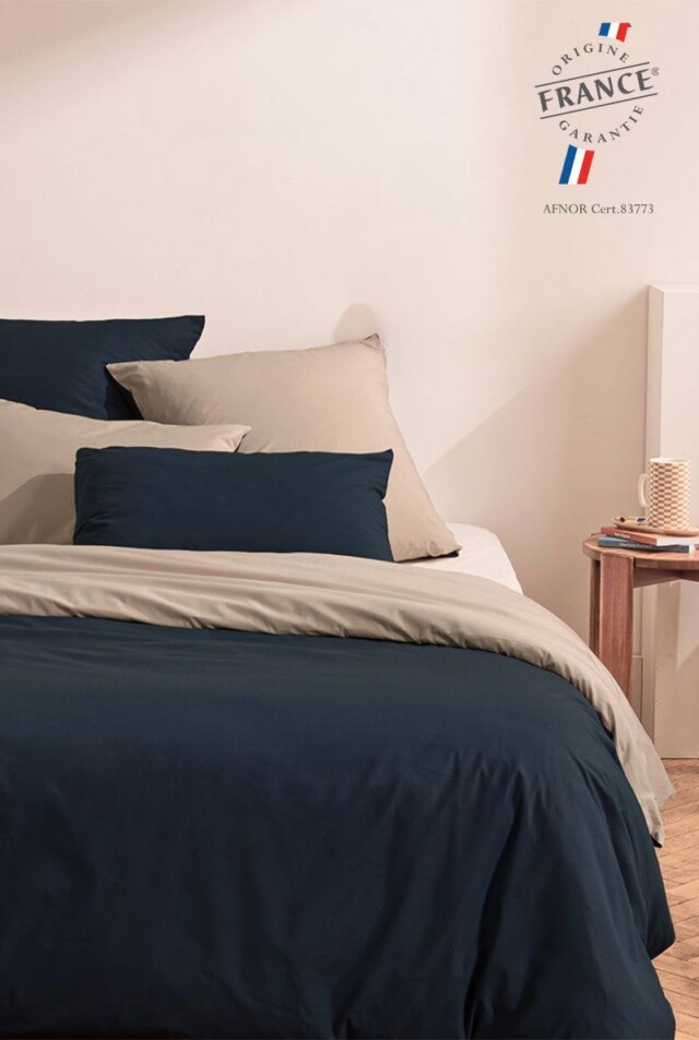 À Demain le linge français - Parure percale bio Lin/Bleu Nuit – 240×220 cm + 50×75 cm (x2