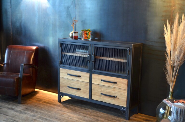 Micheli Design - Buffet compact industriel chêne et métal grillagé PAX