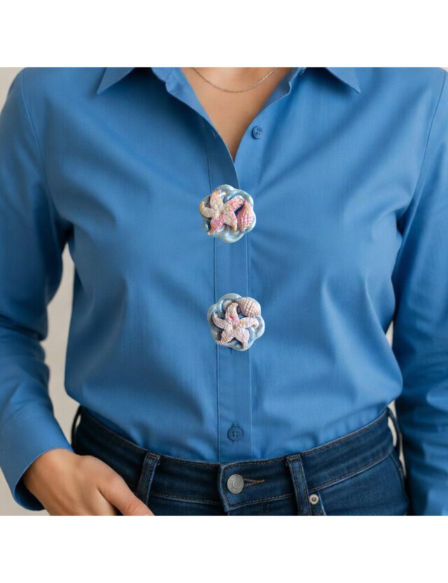 L’atelier de Patricia - Cache bouton chemise – coquillages Bleu et rose