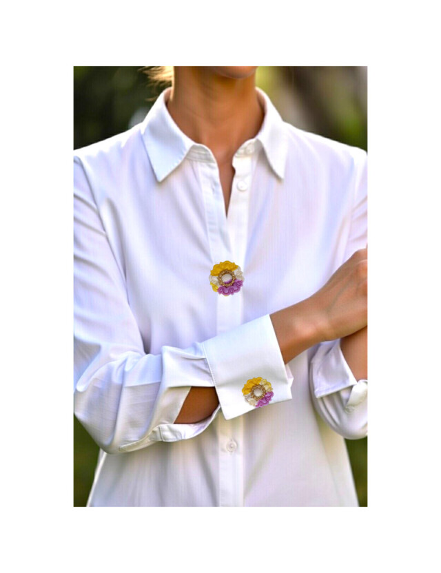 L’atelier de Patricia - cache bouton chemise- Fleur Multicolore Dégradées blanc, rose, jaune