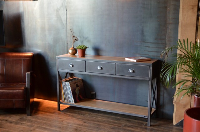Micheli Design - Table console industrielle en chêne et acier STYX
