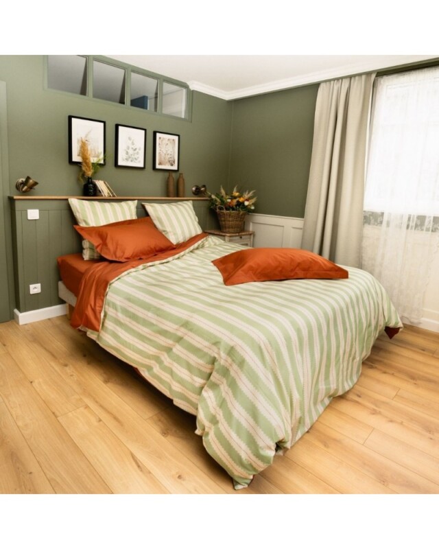 Blanc de Gérardmer - Housse de couette en Percale imprimée Ruban Pistache-Caramel