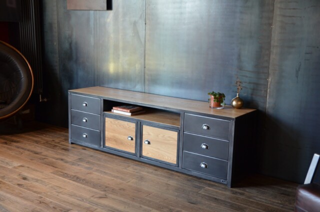 Micheli Design - Meuble TV industriel 220 cm sur mesure TITANIUM