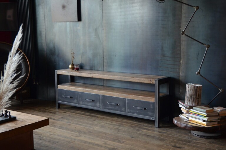 Micheli Design - Meuble TV bois brut 7 cm et acier JUVENTAS