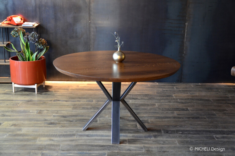 Micheli Design - Table ronde en chêne massif & acier AÉNÉAS