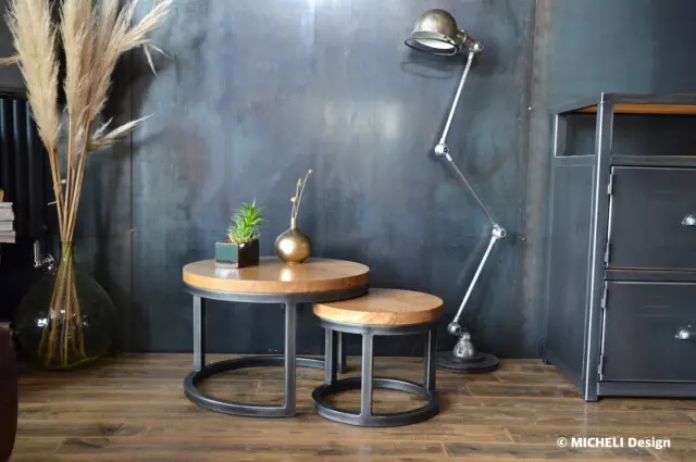 Micheli Design - Tables gigognes rondes chêne et acier VICTOIRE