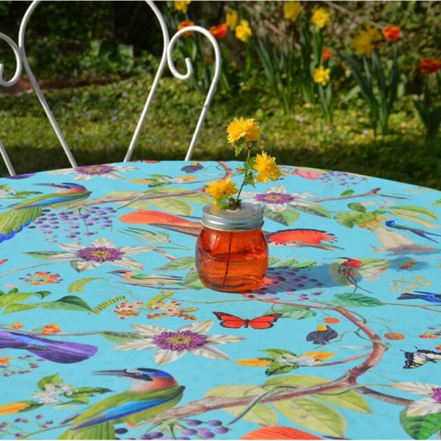 Fleur de Soleil - Nappe enduite ronde ou ovale Oiseaux turquoise