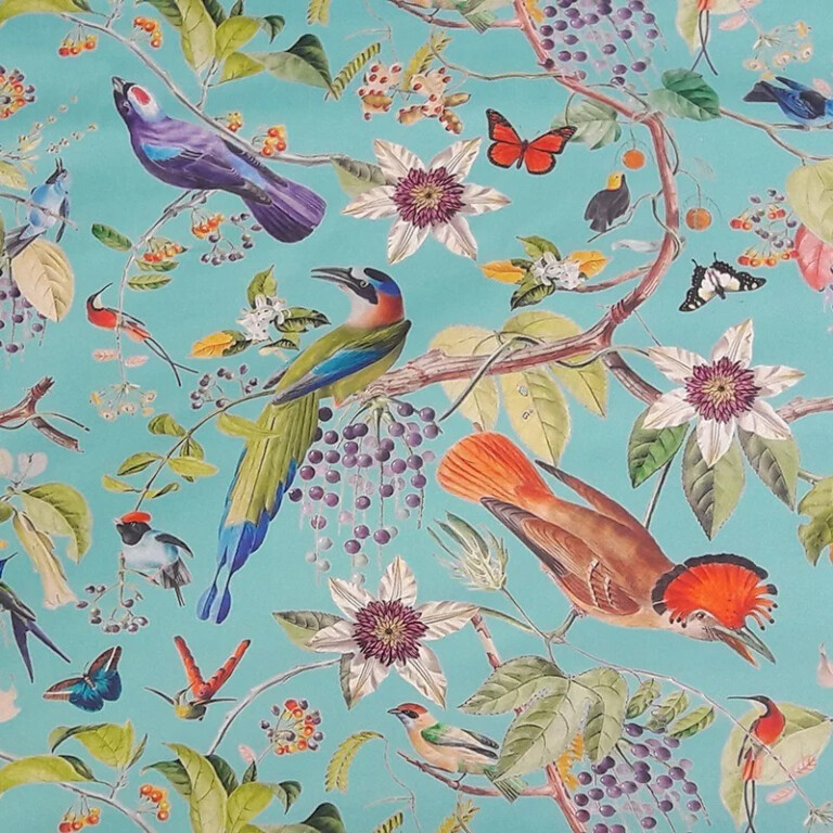 Fleur de Soleil - Nappe enduite ronde ou ovale Oiseaux turquoise