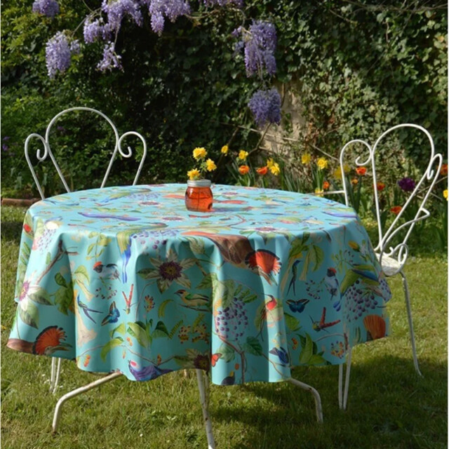 Fleur de Soleil - Nappe enduite ronde ou ovale Oiseaux turquoise