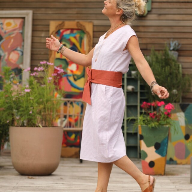 Quintessence - Robe Ivy - lin/coton rayé écureuil