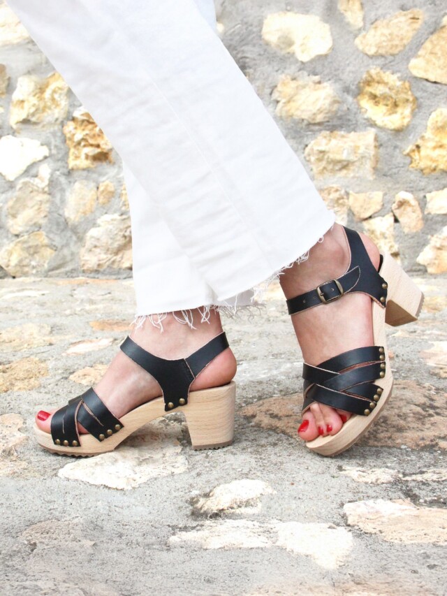 JULES & JENN - Sandales talon bois cuir noir