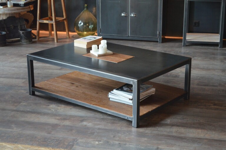 Micheli Design - Table basse industrielle plateau acier et chêne TERRA