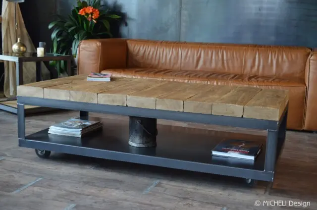 Micheli Design - Table basse industrielle en poutres de chêne et acier CYBÈLE
