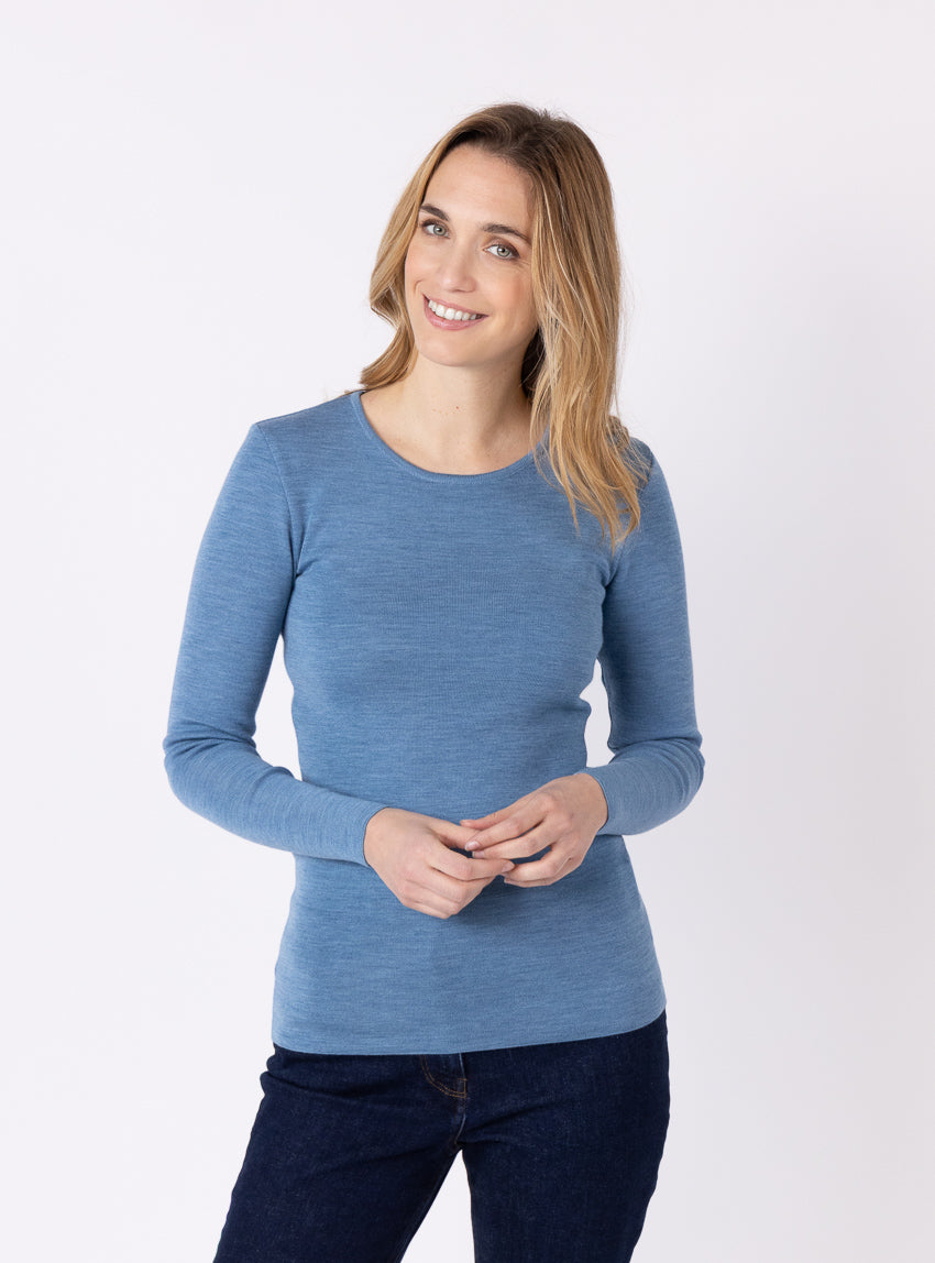 150 bleu nordique teeshirt 1 Maison-solfin - Tee-shirt thermique manches longues femme en laine merinos bleu nordique – 5