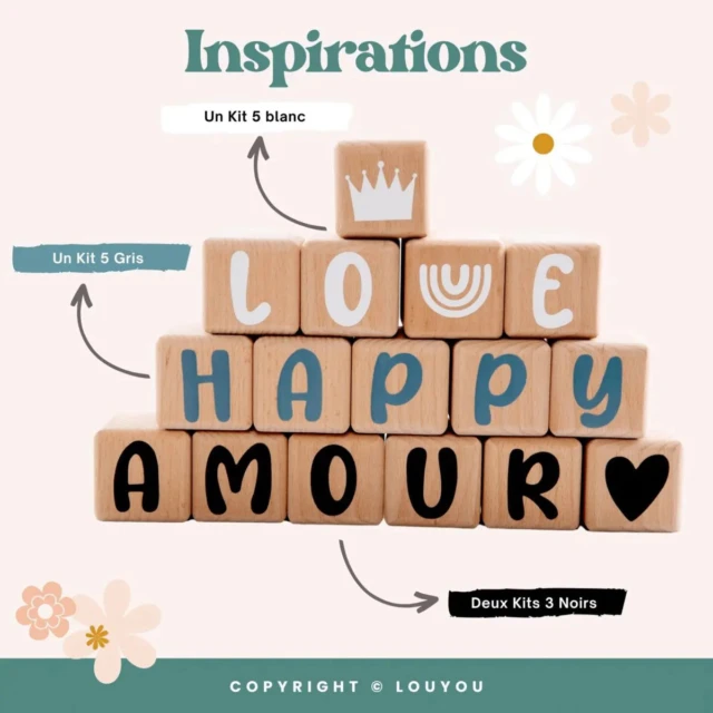 LouYou - 5 Cubes en Bois de 5cm x 5cm + 66 Stickers gris