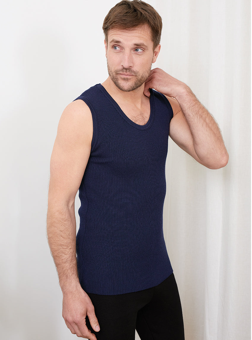 200 MAR 1 t shirt homme laine merinos bleu marine Maison-solfin - Débardeur thermique homme épais en laine bleu marine – 4