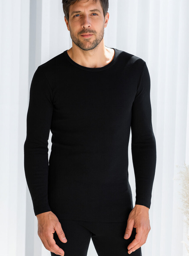 Tee-shirt manches longues thermique homme en laine noir par la marque MAISON SOLFIN MAISON SOLFIN - Tee-shirt manches longues thermique homme en laine noir
